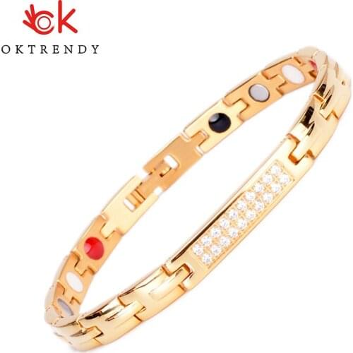 Oktrendy wholesale fashion magnetic titanium bracelet in gold color women copper bracelets health wristband with hematite energy