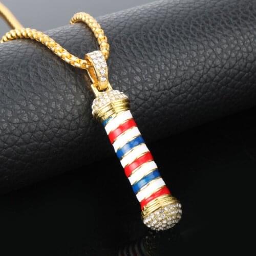 Iced Out Barber Pole Necklace & Pendant With Stainless Steel Chain Gold Color Bling Cubic Zircon Mens Hip hop Jewelry For Gift