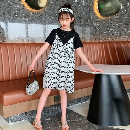 Girls Dress 2021 Summer New Teenage Girl Floral Print Causal Two Pcs Dresses Kids Clothing For 6 8 10 12 14 16Year