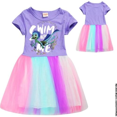 Girls Dresses 2021 Summer Children Dresses Sweet Princess Lace Pink For Baby Girls New movie Luca Clothing