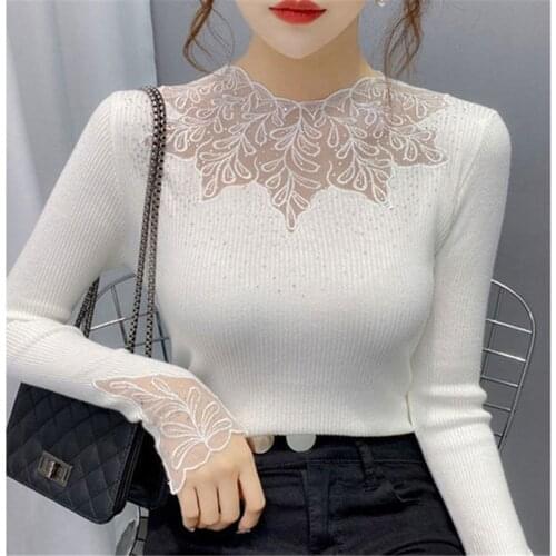 Lace Splicing knitting Hollow out diamond long sleeve Pullovers sweater Women Fashion elegant sexy slim solid casual spring tops