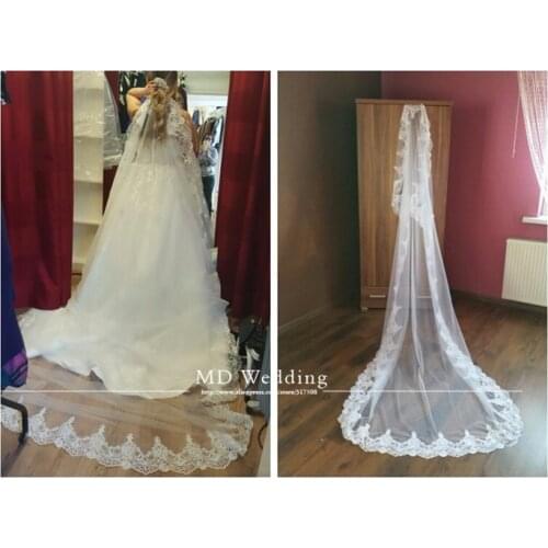Real Photos 2017 4M White/Ivory Beautiful Cathedral Length Lace Edge Wedding Bridal Veil With Comb Wedding Accessories MD3084-4