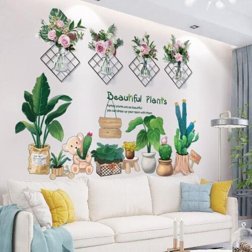 [SHIJUEHEZI] Flowers Wall Stickers PVC Material DIY Potted Plant Wall Decals for Living Room Bedroom Kitchen Home Decoration
