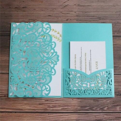 Sky blue wedding invitations save the days marriage announcement pearl tri-fold pocket personalized printing multi colors