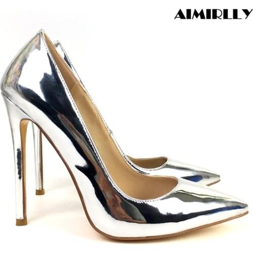 Womens Shoes Pointed Toe High Heels Pumps Metallic Mirror Patent Slip-On Ladies Formal Wedding Party Heels Silver Light Gold