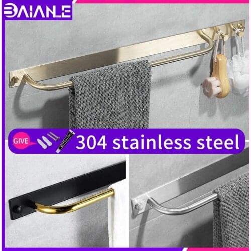 Bathroom towel rod black 304 stainless steel wall mounted adhesive Towel bar hooks creative shower caddy towel holder