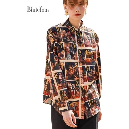 2021 Autumn Women Vintage Loose Long Sleeve Illustration Thin Shirt