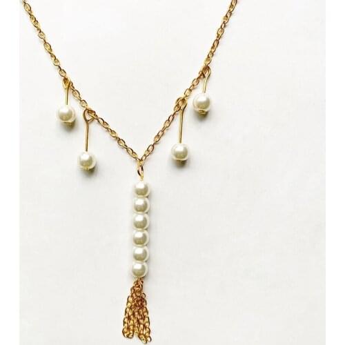 Round Pearl Beads Vintage Boho Statement Necklace Gold Color Chain Simulated Pearl Beads Short Tassel Pendant Necklace Wholesale