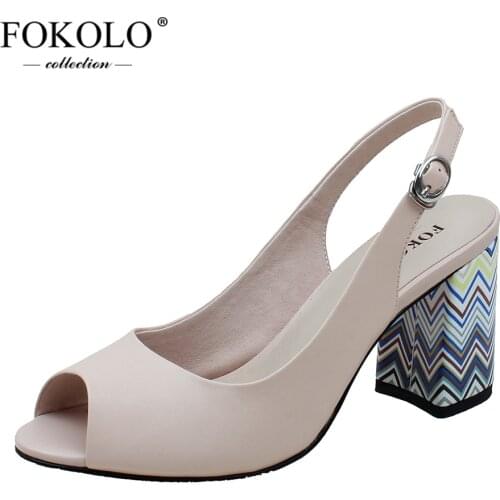 FOKOLO Summer High Heels Sandals Women Fashion Round Toe Sheepskin Colorful Square Heel Open Toe Shoes Handmade Ladies Shoes L23