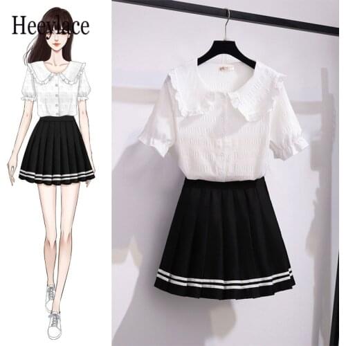2 pieces skirts sets summer Sweet Korean kawaii peter pan collar tops and pleated mini skirt 2 pieces sets women clothing outfit