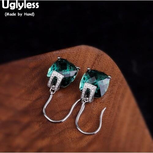 Uglyless Simple Fashion Faceted Gemstones Earrings Women Green Crystal Blue Sand Stones Square Earrings 925 Silver Brincos E1555