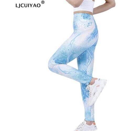 LJCUIYAO Yoga Leggings Women High Waist Push Up Sport Pants Breathable Ink Sky Blue Fitness Gym Elastic Knitted Stretchy Bottom