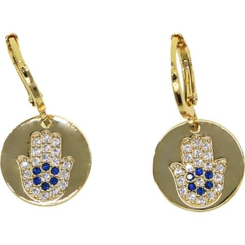 Geometric coin gold color earring for women blue white cz engraved hamsa hand lucky symbol dangling earrings fashion jewelry