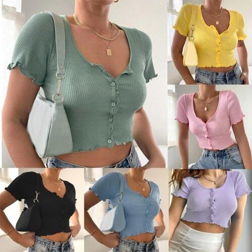 Women Sexy Short Sleeve Button Ribbed Waved Edge Slim Crop Top Blouse T-shirt