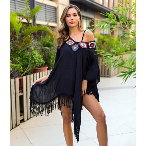 Womens Tassel Swimsuit Bikini Cover Up Crochet Shoulder Loose Swimwear Shawl Asymmetric Swimwear Bikini Bathing Suit Beachwear