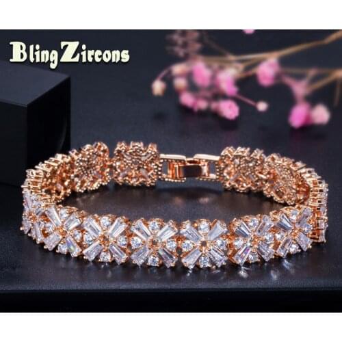 BeaQueen Luxury Brand Dubai Gold Color Women CZ Crystal Bangle Big Flower Zirconia Female Bracelet Jewelry for Wedding B040