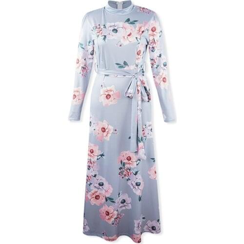 Autumn Print Women Long Dress Long Sleeve Floral Pattern Bandage Turtleneck Maxi Dress Female Vestidos Streetwear Casual Clothes