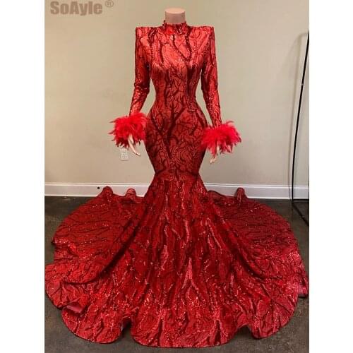 SoAyle Long Prom Dresses 2020 Sexy Backless Deep V-neck Mermaid Red Sequin African Women Prom Dress Sleeves Feathers Dresses