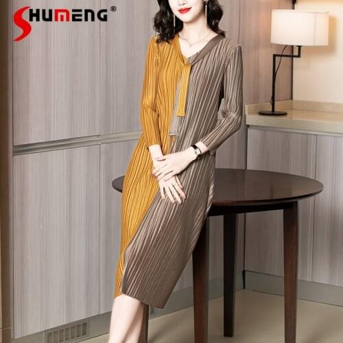 Women Summer Loose Midi Pleated Dresses 2021 New Casual Nine Sleeve V Neck Contrast Color Ruched Dress Korean Aesthetic Clothes