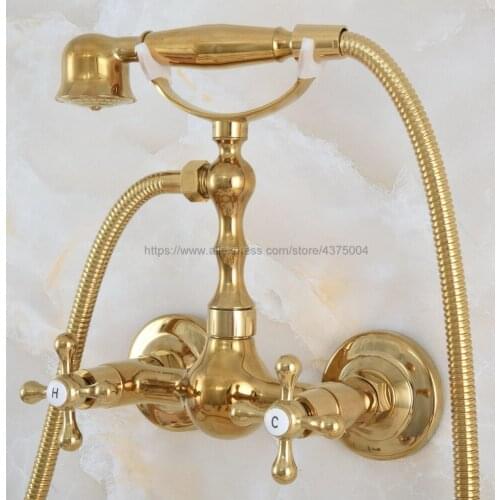 Gold Color Brass Shower Faucet Wall Mounted Double Handle Bathroom Shower Mixer Faucet with Hand Shower Nna830
