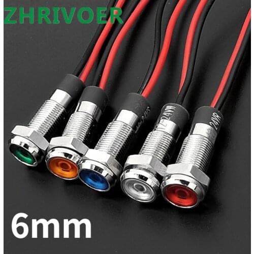1pcs 6mm 3V 5V 6V 12V 24V 220v Flat head LED Metal Indicator light waterproof Signal lamp with wire red yellow blue green white