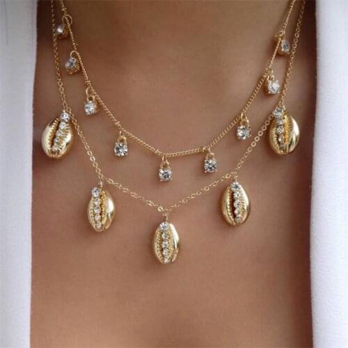 2 Pcs/Set Women Shell Necklaces Retro Round Crystal Gem Chain Pendant Gold Long Necklace Set Lady Charm Party Jewelry