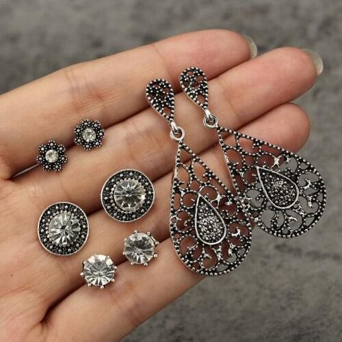 4 Pair/set Bohemian Retro Personality Hollow Drop Geometric Long Crystal Stud Earrings Set Women Charm Party Jewelry Accessories