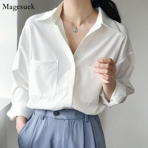 Autumn Korean Chiffon Blouse Femme Turn-down Collar Pockets Long Sleeve White Shirt Women Loose OL Style Female Tops Blusas 6068