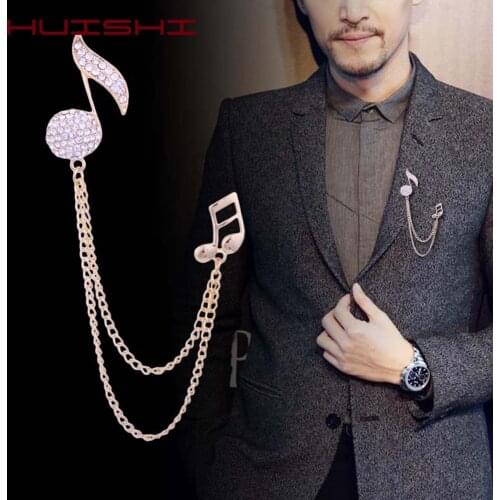 HUISHI Brooch Pins Luxury Rhinestone Music Note Brooch Metal Tassel Chain Lapel Pins Mens Suit Corsage Shawl Buckle For Women
