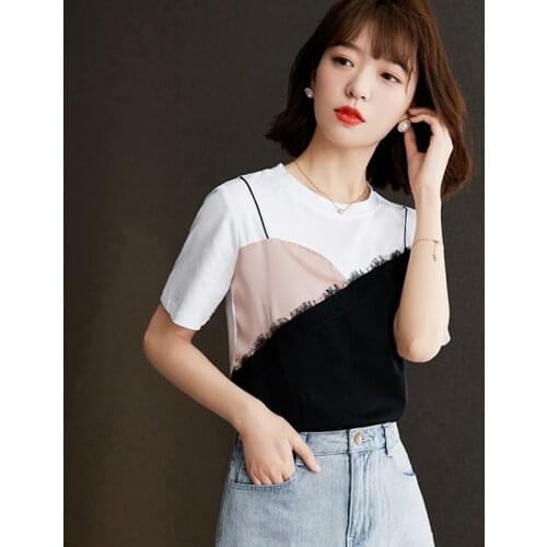 T Shirt Women Round Neck Top Fake Two Pieces Splicing Lace T-Shirt Summer Plus Size
