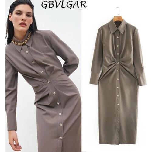 GBVLGAR Women Fashion Turn Down Collar With Pleated Cuffs Draped Midi Shirt Dress Casual Long Sleeve Button-up Female Dresses