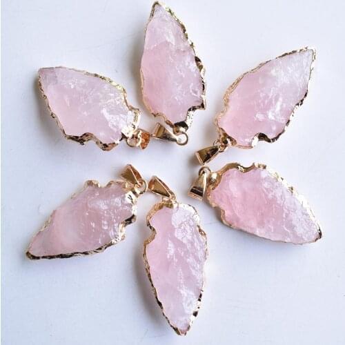 Good Quality Natural pink quartz Arrowhead Pendant Electroplated Gold Color Raw Stone for jewelry making 6pcs/lot Wholesale