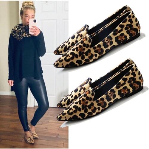 LIHUAMAO Brown Leopard shoes loafers shoes for women slip on mules pointed toe soft sole work outdoor causal shoes size 44
