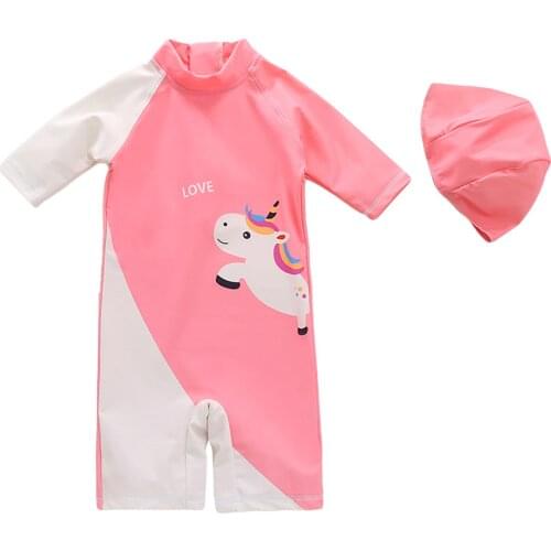 Girl Sun Protect Swimsuit Set, Cute Cartoon Animal Back Zipper Playsuit Cap Two-Piece Suit for Swimming Beach Vacation 2-7T