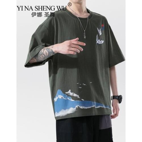 Summer Japanese Kimono 5 Colors Short-Sleeved T-shirt Harajuku Yukata Japan Printed Linen Men Shirts Loose Casual Asian Costumes