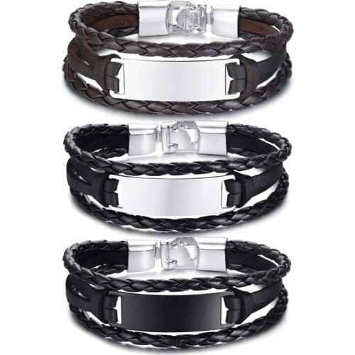 Hot Trendy Casual Alloy Bent Shape PU Leather Black/Brown Color Woven Charm Bracelet Fashion Popular Bracelet Mens Accessories