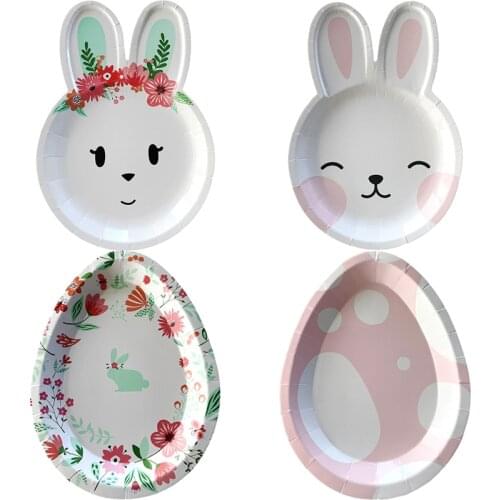Happy Easter Cartoon Rabbit Egg Shaped Tableware Disposable Plate Cup Napkin Set Easter For Home Decorations Kids Favor Supplies