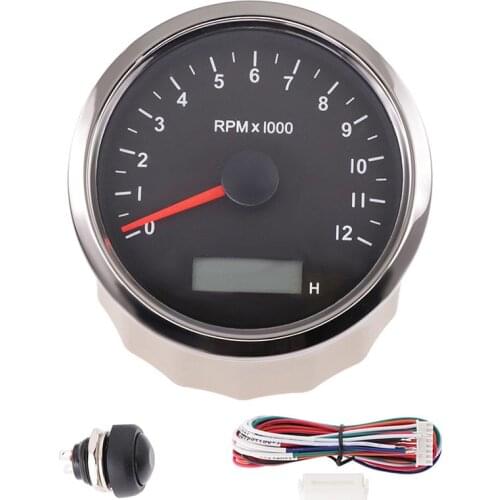 New RPM Car Tachometer 85mm Stainless Steel Bezel Engine Tacho Gauge With LCD Hour Meter Toerenteller Diesel tachometer 12000RPM