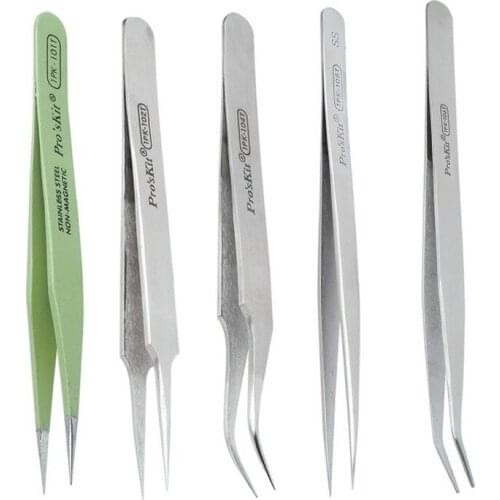 ProsKit Insulation Anti-magnetic Tweezers Stainless Steel Tips Curved Tips Fine Tips Tweezers Hand tool
