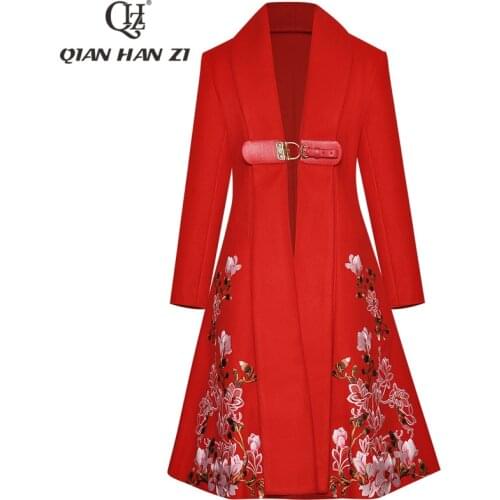 Qian Han Zi fashion runway winter warm coat Womens Long Sleeve Elegant Slim Woolen Red Flower Embroidered long coats Overcoat