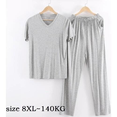 Plus Size 8XL 140KG Summer Men Modal Pajamas Sets V Neck Short Sleeve Tops and Long Pants Comfortable Home Wear Soft SleepWear