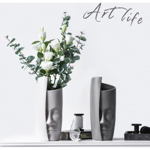 Nordic Face Vase Black and White Ceramic Flower Vases Artificial Flower Arrangement Vase Creative People Face Big Head Vase Pot