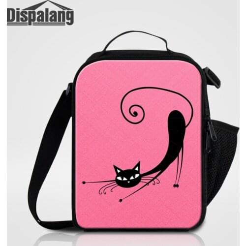 Dispalang Pink Cat Pattern Lunch Bag Sack For Girls Small Canvas Lunchbox For School Thermal Insulated Portable Food Cooler Bags