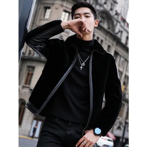 Trendy Coat Mens Jacket Personality Stitching Genuine Leather Clothes Fur Coat Winter