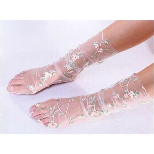Women Ladies Crystal Lace Glass Rose Silk Flower Short Thin Transparent Socks