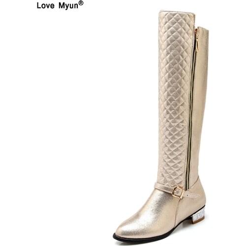 Women Boots Plus Size 34-45 Knee High PU Zip Buckle Low Square Heel New Womens Winter Shoes Black Gold Silver 896