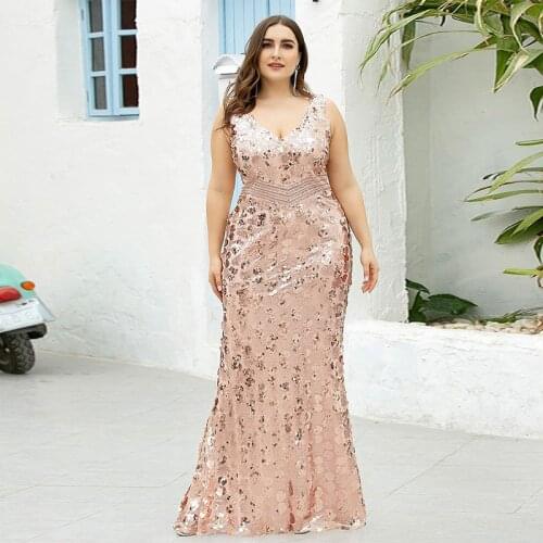 Sequins Luxurious Evening Dress Empire Sleeveless Deep V-Neck Pleat Mermaid Floor-Length New Plus Size Women Formal Gowns D1023