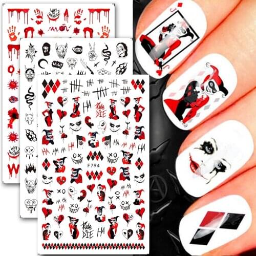 1pcs Joker Poker Stickers for Nails Cartoon Self-adhesive Sliders Snake Spider Bloody Wound Scab Design Manicure Decor SAF794