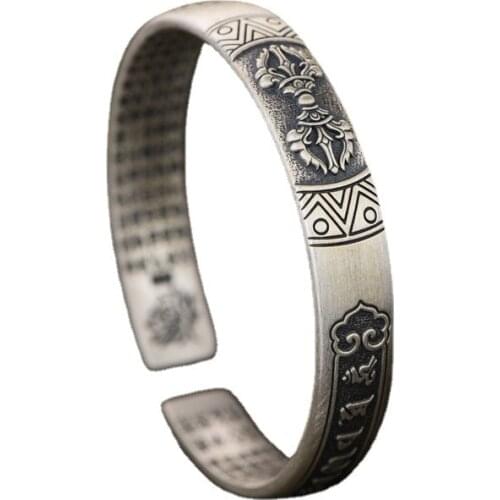 100% 999 Silver bangle Good Luck Bracelet Pure Silver Tibetan Six Words Cuff Bracelet Buddhist Vajra Dorje Bracelet