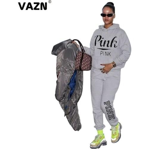 VAZN 2020 Letter Hooded Fitness Loose Sport Running 2PCs Set Casual Beach Clothing Ladies Women Sets